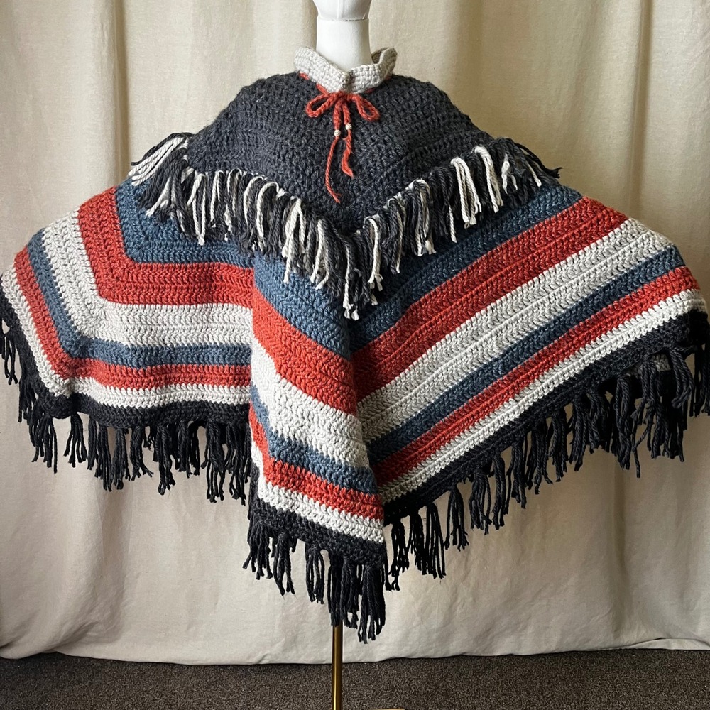 Vintage Handmade‎ Crochet Poncho Cape Heavy Fringe Striped Boho OS